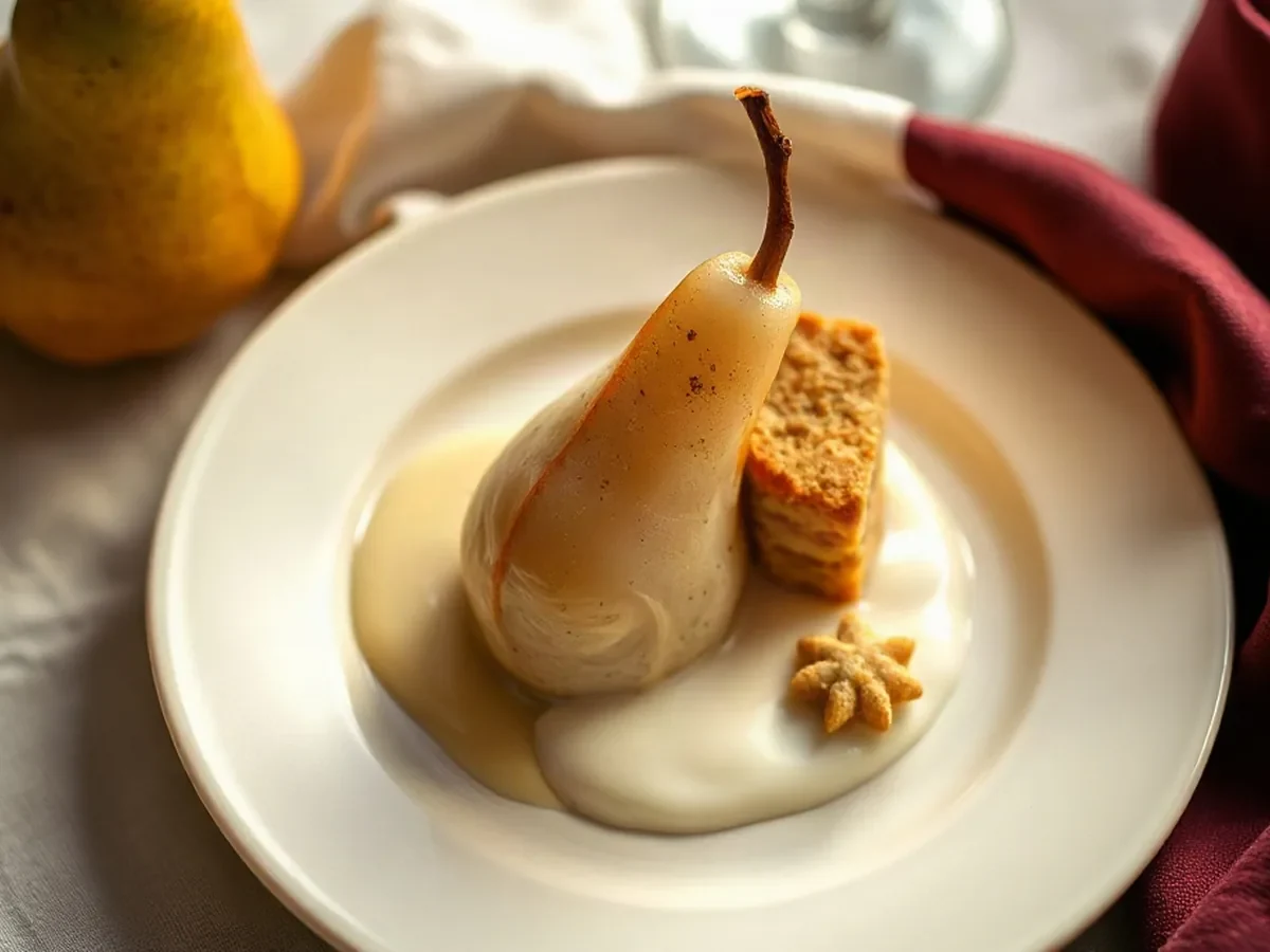 Poire pochée, crème légère et sablé au sarrasin