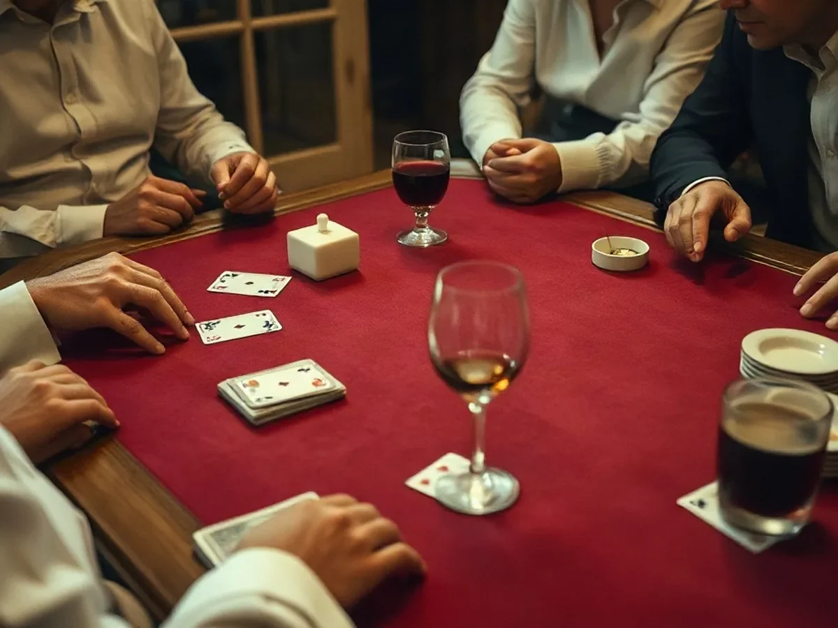 Table physique de poker en feutre bordeaux avec cartes et compteurs symboliques