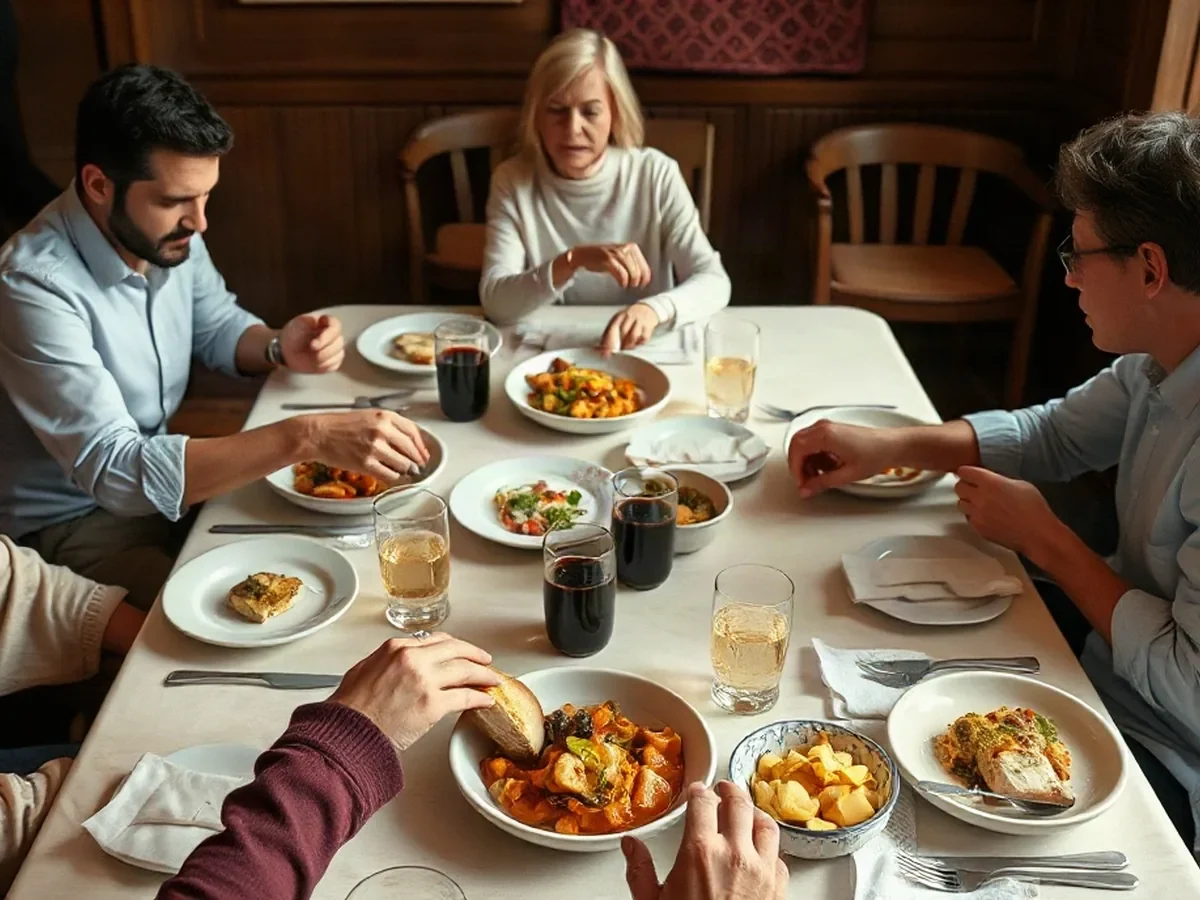 Adultes réunis autour d’assiettes de saison et de pain partagé
