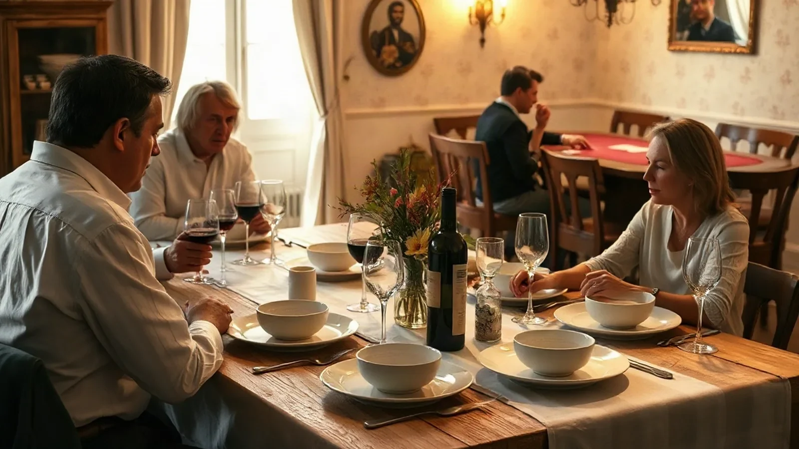 Table de saison avec assiettes partagées et ambiance discrète de poker en salon