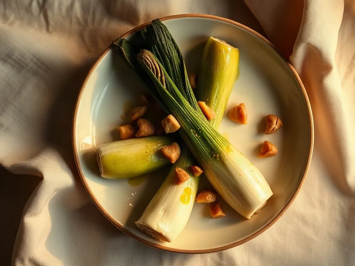 Poireaux rôtis aux noisettes et vinaigrette au cidre