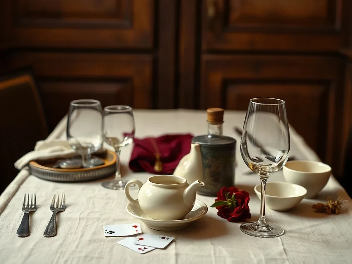 Détail de lin, vaisselle ivoire, verres simples et quelques cartes